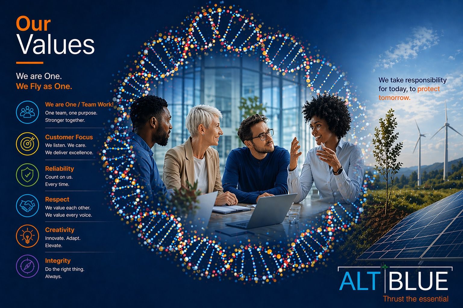 ALTBLUE Group Corporate Social Responsibility graphic featuring a commercial airplane flying over a green forest, symbolizing the commitment to sustainable aviation.